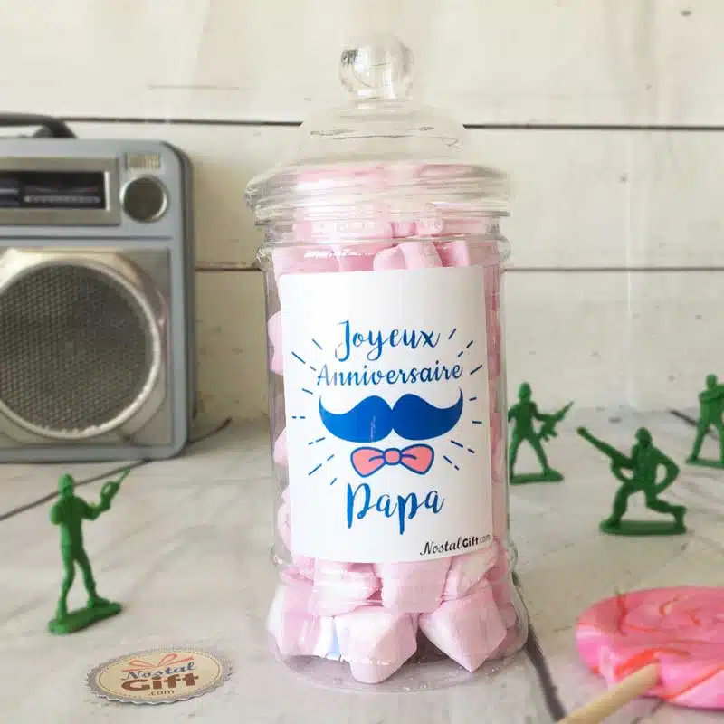 Bonbonnière Papa Moustache – 15 Cœurs guimauve – “Joyeux anniversaire Papa”