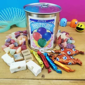 Coffret bonbon ancien : Boîte de conserve remplie de bonbons “Joyeux anniversaire”