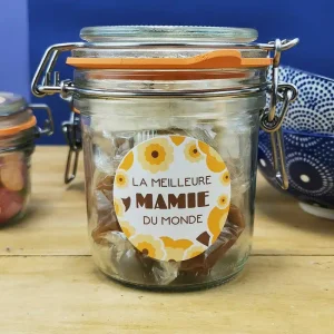 Bocal LE PARFAIT – “Meilleure mamie du Monde” caramel et nougat – 150g (5 nougats – 10 caramels)