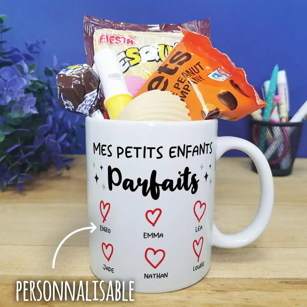 Mug bonbon années 70 “Mes petits enfants parfaits” cadeau mamie et papy personnalisé