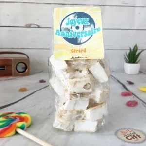 Sachet Bonbon des années 70 personnalisé – 15 nougats tendres – “Joyeux anniversaire”