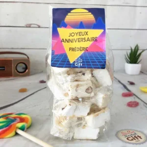 Sachet Bonbon des années 80 personnalisé – 15 nougats tendres – “Joyeux anniversaire”