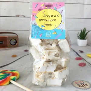 Sachet Bonbon des années 90 personnalisé – 15 nougats tendres – “Joyeux anniversaire”